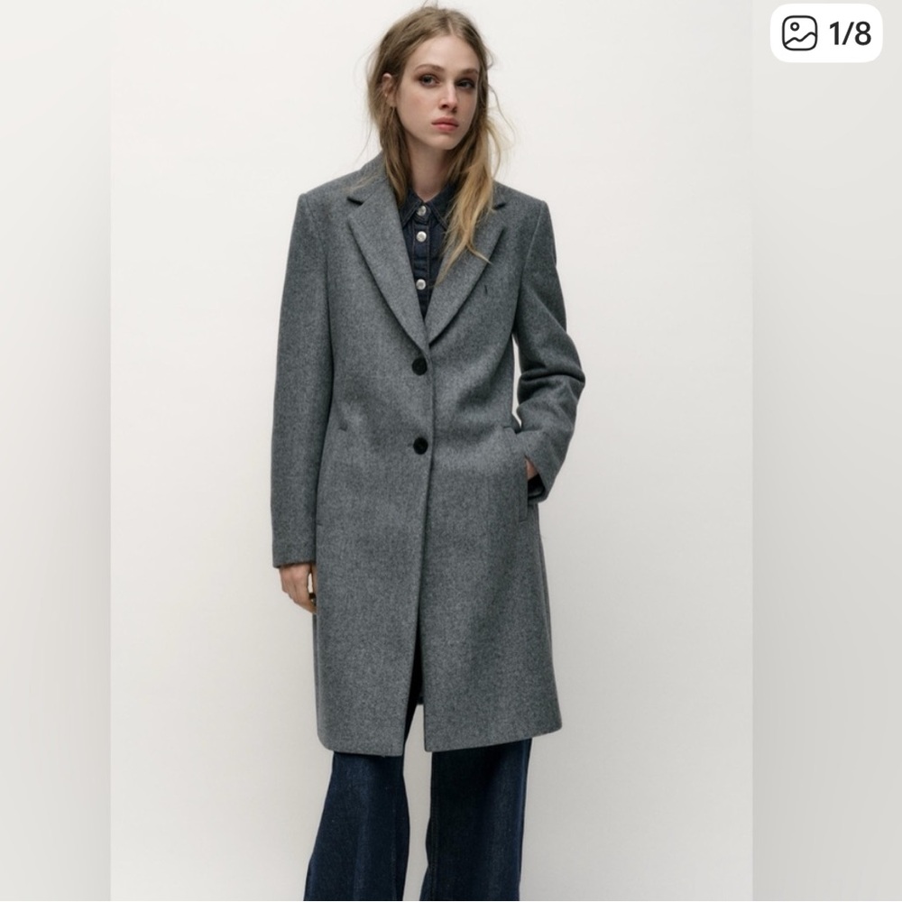 NWOT Zara Basic Gray Wool Trench Coat London European Full Length Natural Size S
